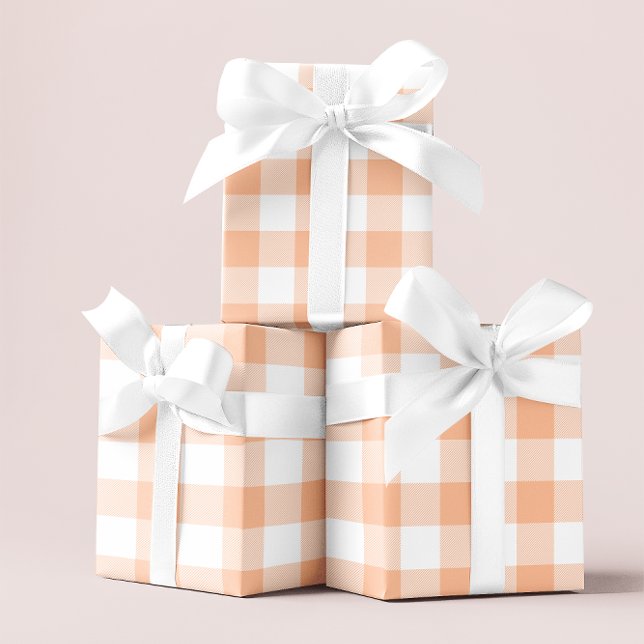 Papier Cadeau Grande Pêche Pastel et En vichy blanc (Large Pastel Peach and White Gingham Wrapping Paper)