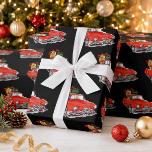 Papier Cadeau Grande voiture rouge vintage, cadeaux et Père Noël