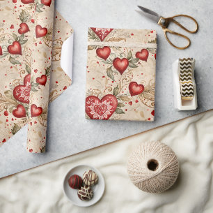 Papier Cadeau Grands cœurs et petit art populaire