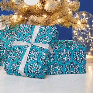 Papier Cadeau Grands flocons d'argent sur fond bleu azur