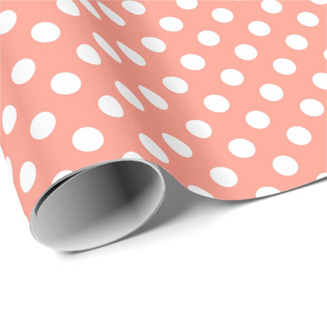 Papier Cadeau Grands rétros points - rose de corail et blanc (Coin rond)