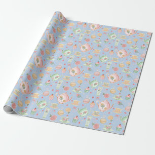 Papier Cadeau Grands Thés en Pastel Aquarelle sur Fond Bleu