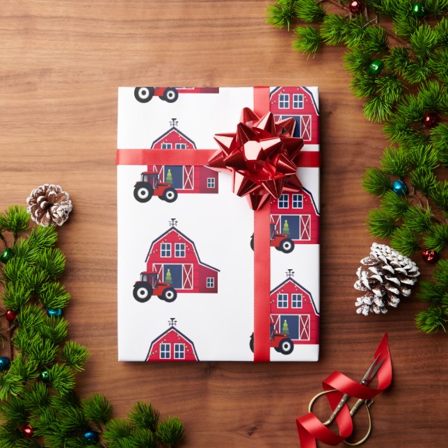 Papier Cadeau Grange de Noël rouge avec tracteur (Cadeau de vacances)