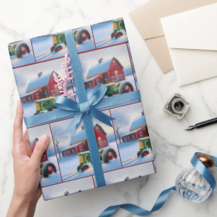 Papier Cadeau Grange rouge de Noël avec tracteur vert