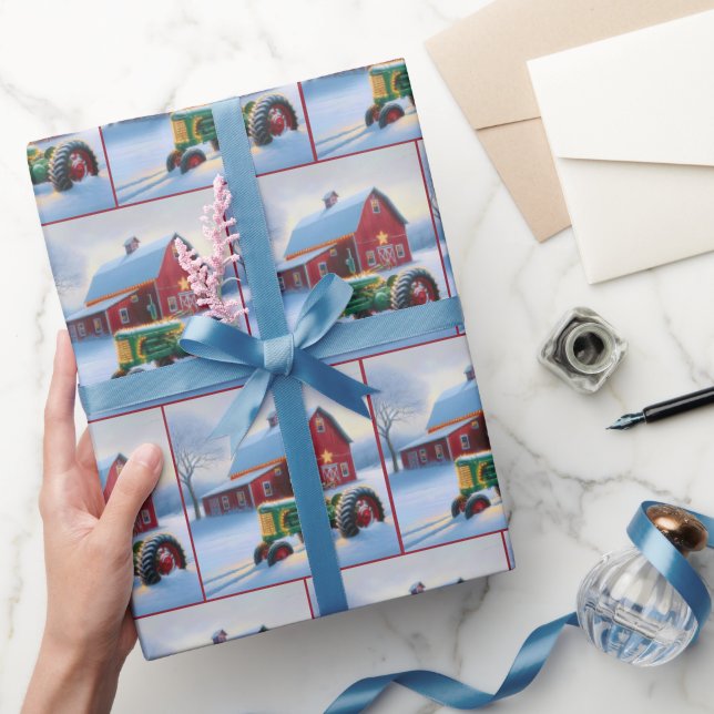 Papier Cadeau Grange rouge de Noël avec tracteur vert (Cadeaux)