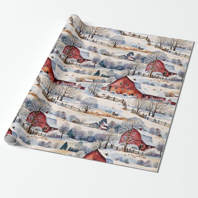 Papier Cadeau Grange rouge Hiver à la ferme (Déroulé)