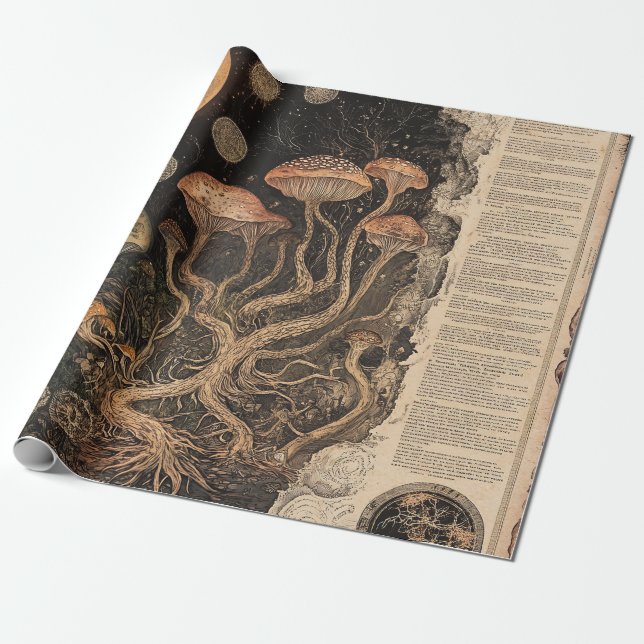 Papier Cadeau Graphique botanique de champignon vintage (7) (Déroulé)