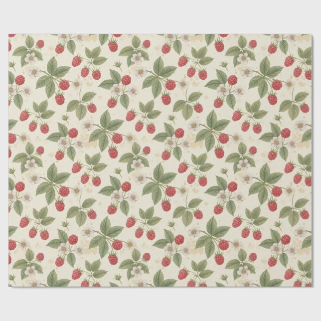 Papier Cadeau Grappe de framboises avec feuilles et fleurs (Plat)