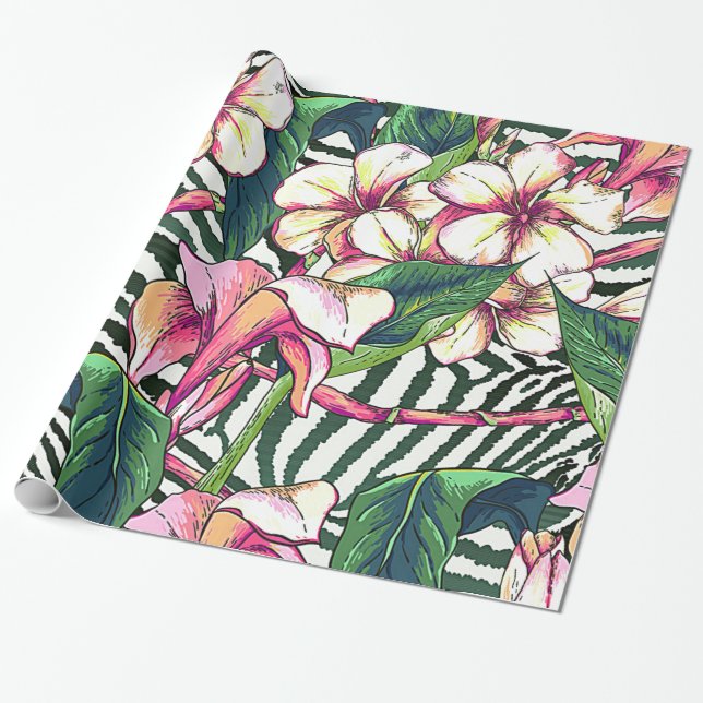Papier Cadeau Gras HAWAIIAN Floral Monstera Feuilles & Plumeria (Déroulé)