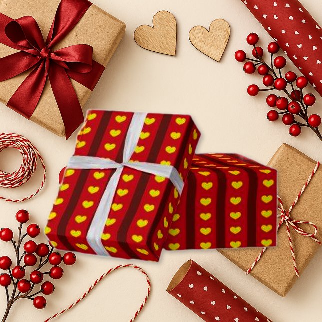 Papier Cadeau Gras Rouge Grille Coeur Jaune Romantique (Créateur téléchargé)