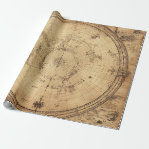 Papier Cadeau Gravure ancienne carte du monde polaire en sépia