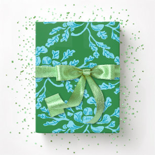 Papier Cadeau Gravure sur bois de pivoine enroulée en vert et aq