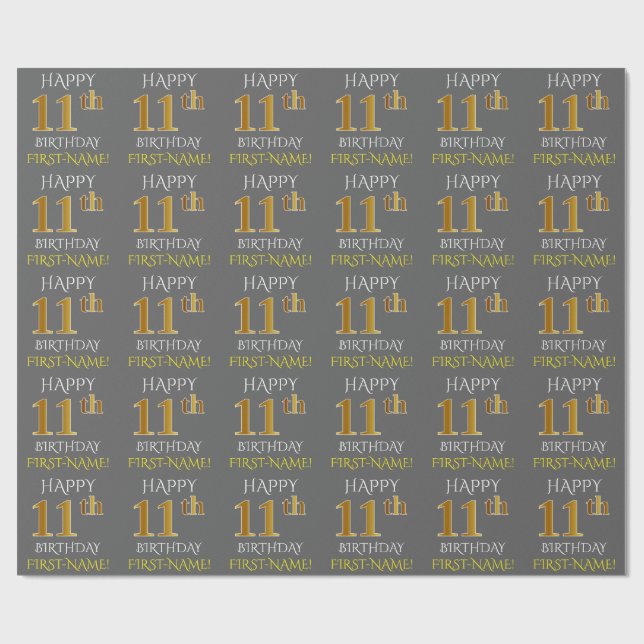 Papier Cadeau Gray, Faux Gold "HAPPY 11th BIRTHDAY" (Plat)