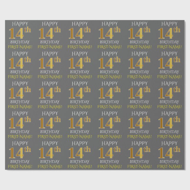 Papier Cadeau Gray, Faux Gold "HAPPY 14th BIRTHDAY" (Plat)