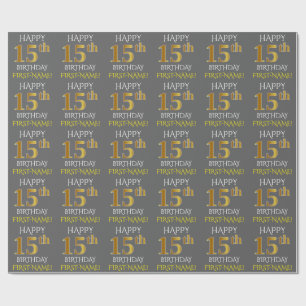 Papier Cadeau Gray, Faux Gold "HAPPY 15th BIRTHDAY"