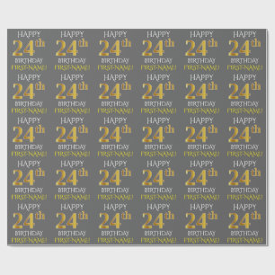 Papier Cadeau Gray, Faux Gold "HAPPY 24th BIRTHDAY"