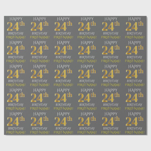 Papier Cadeau Gray, Faux Gold "HAPPY 24th BIRTHDAY" (Plat)