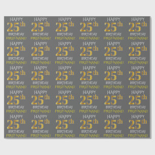Papier Cadeau Gray, Faux Gold "HAPPY 25th BIRTHDAY"
