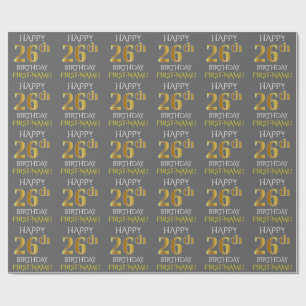 Papier Cadeau Gray, Faux Gold "HAPPY 26th BIRTHDAY"