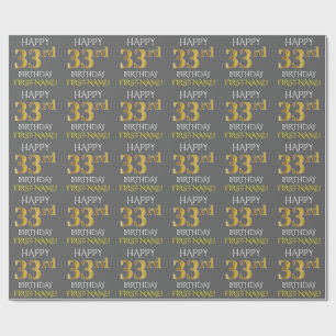 Papier Cadeau Gray, Faux Gold "HAPPY 33rd BIRTHDAY"