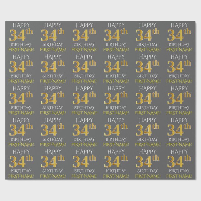 Papier Cadeau Gray, Faux Gold "HAPPY 34th BIRTHDAY" (Plat)