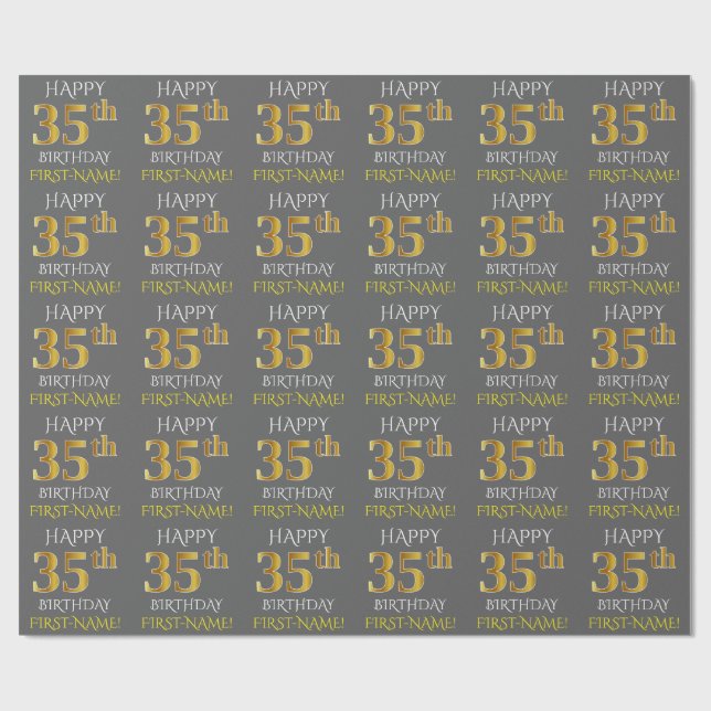 Papier Cadeau Gray, Faux Gold "HAPPY 35th BIRTHDAY" (Plat)