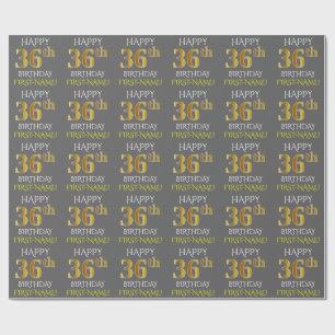 Papier Cadeau Gray, Faux Gold "HAPPY 36th BIRTHDAY"