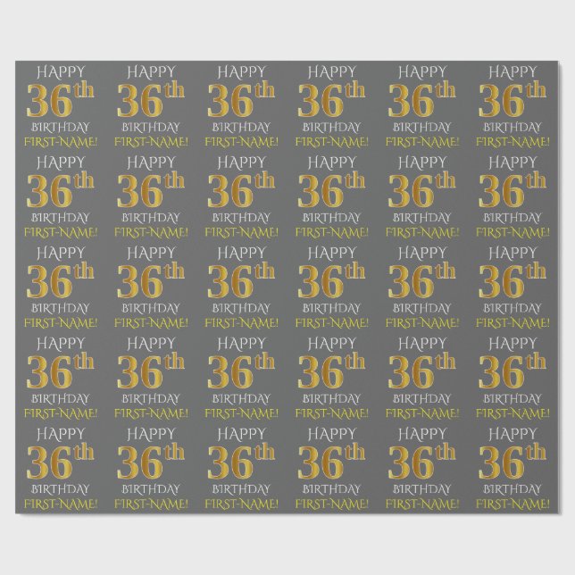 Papier Cadeau Gray, Faux Gold "HAPPY 36th BIRTHDAY" (Plat)