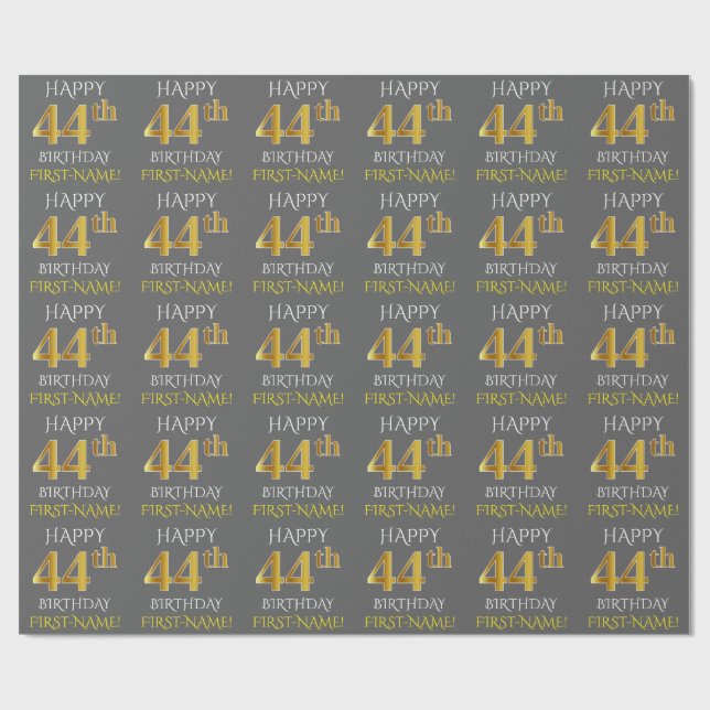 Papier Cadeau Gray, Faux Gold "HAPPY 44th BIRTHDAY" (Plat)
