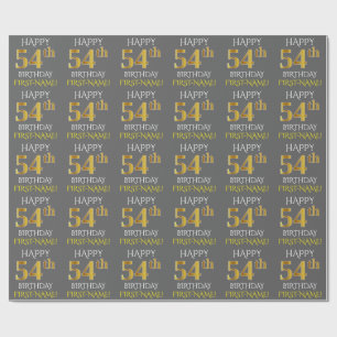 Papier Cadeau Gray, Faux Gold "HAPPY 54th BIRTHDAY"