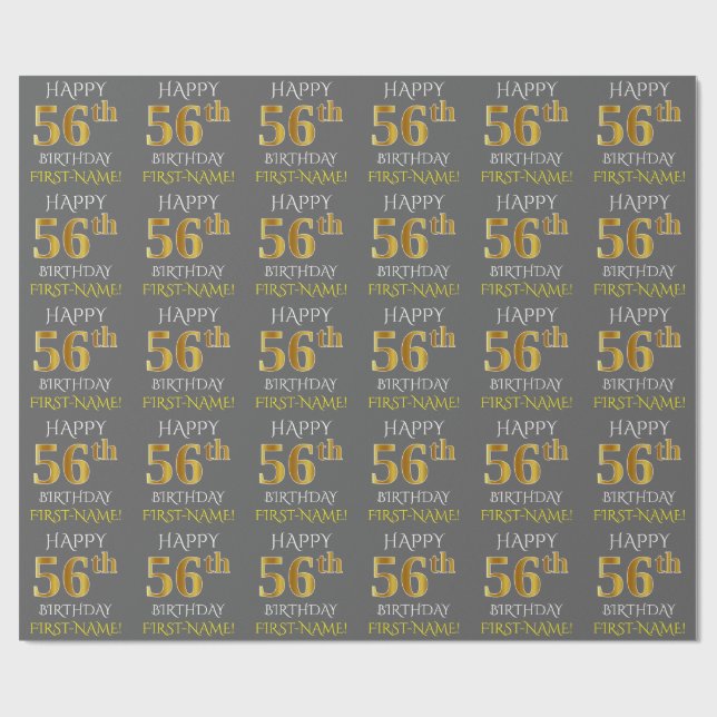 Papier Cadeau Gray, Faux Gold "HAPPY 56th BIRTHDAY" (Plat)