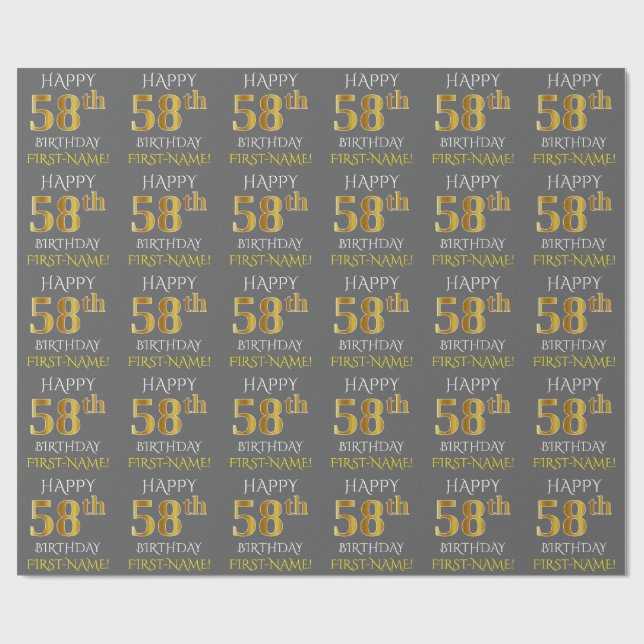 Papier Cadeau Gray, Faux Gold "HAPPY 58th BIRTHDAY" (Plat)