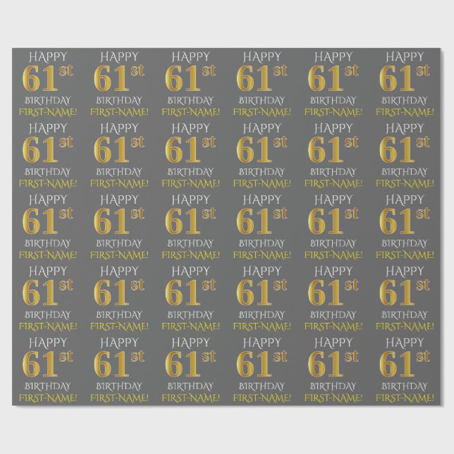 Papier Cadeau Gray, Faux Gold "HAPPY 61st BIRTHDAY" (Plat)