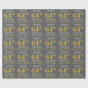 Papier Cadeau Gray, Faux Gold "HAPPY 64th BIRTHDAY"