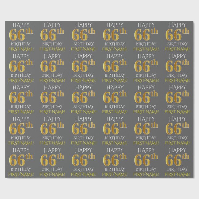 Papier Cadeau Gray, Faux Gold "HAPPY 66th BIRTHDAY" (Plat)