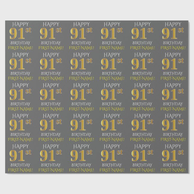 Papier Cadeau Gray, Faux Gold "HAPPY 91st BANTHDAY" (Plat)
