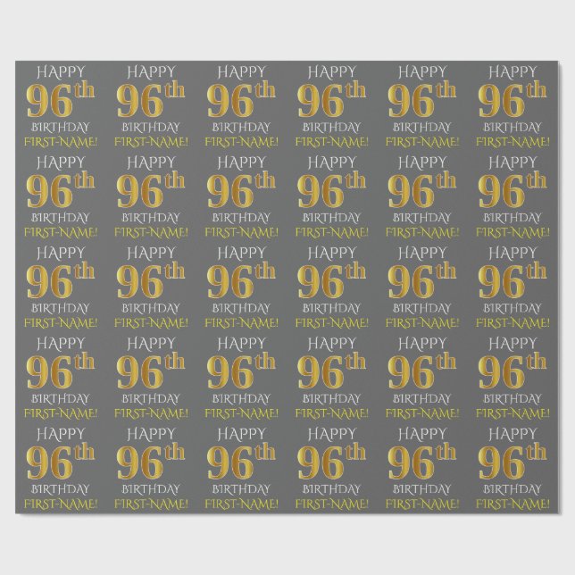 Papier Cadeau Gray, Faux Gold "HAPPY 96th BIRTHDAY" (Plat)