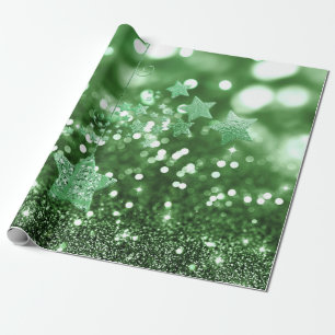 Papier Cadeau Green Bokeh Faux Parties scintillant et étoiles