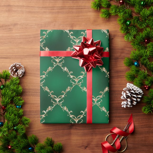 Papier Cadeau Green Christmas Holiday Gold Damask Cadeau (Cadeau de vacances)