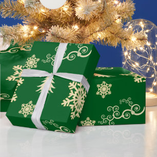 Papier Cadeau Green Christmas Wrap with Cream Snowflakes