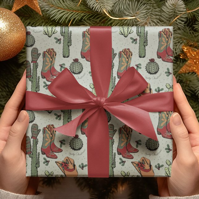 Papier Cadeau Green Country Cowboy Howdy Noël (Festive Country Xmas Hand-Drawn Art. Cowboy Boots, Cacti, Winter Gloves, Poinsettia, Holly & Stars.)