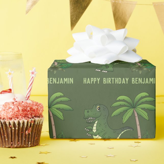 Papier Cadeau Green Cute Cartoon T-rex Dinosaur Joyeux anniversa (Fête d'anniversaire)