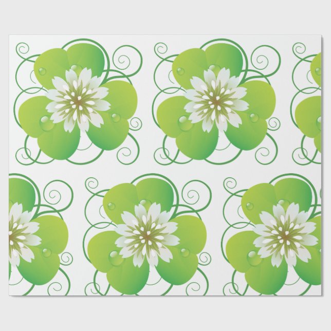 Papier Cadeau Green Four Leaf Clover with White Floral Bloom (Plat)
