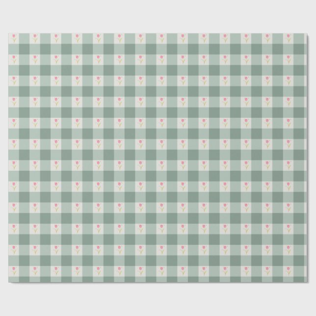 Papier Cadeau Green Gingham Floral Wrapping Paper Cute (Plat)