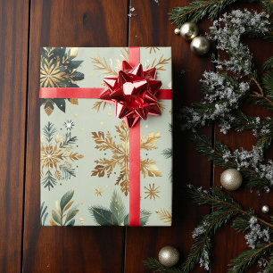 Papier Cadeau Green Gold Snowflake Holiday Luxe Moderne