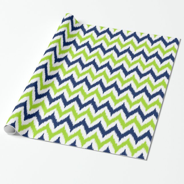 Papier Cadeau Green, Navy Blue et White Zigzag Ikat Motif (Déroulé)