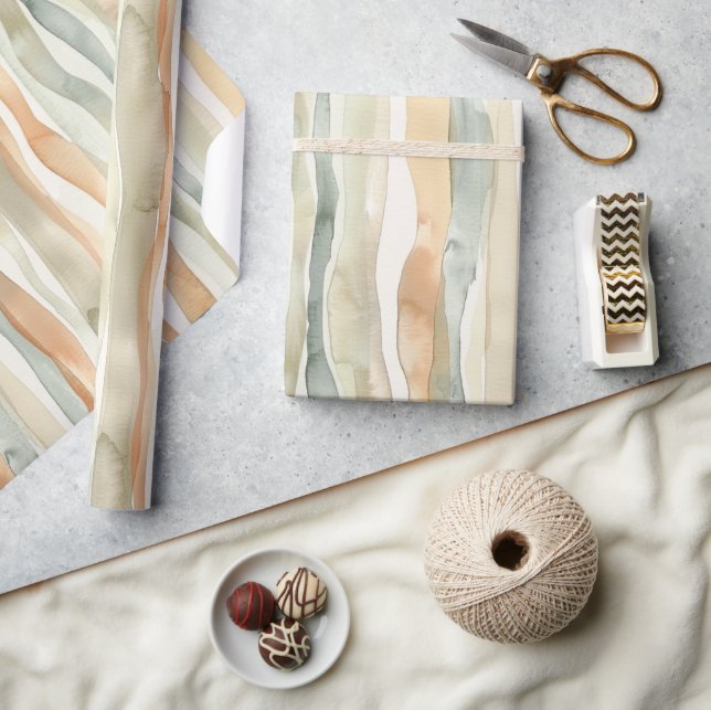 Papier Cadeau Green Peach Cream Stripes Birthday (Artisanat)