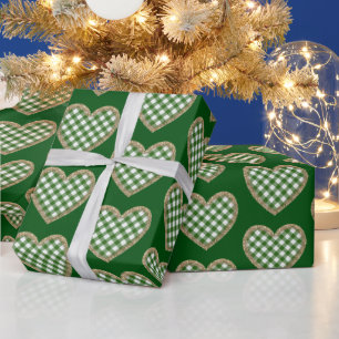 Papier Cadeau Green Plaid Gold Parties scintillant Heart Holiday