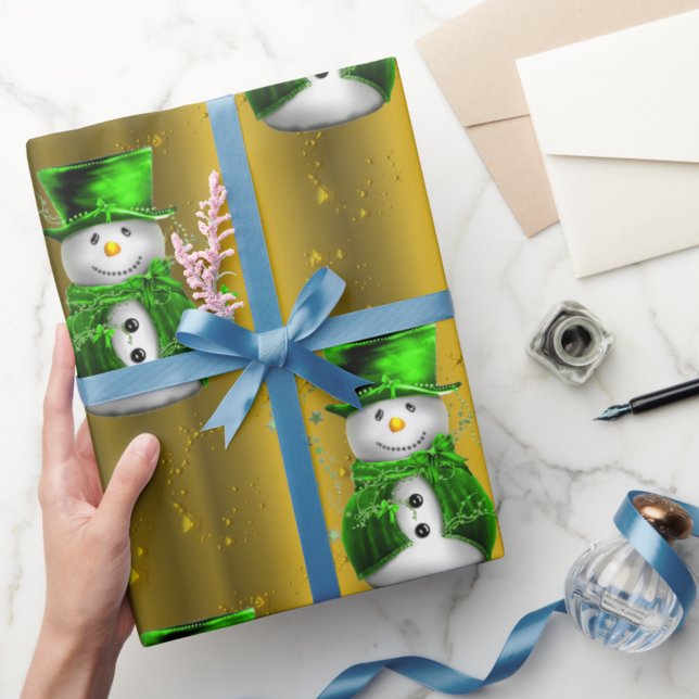 Papier Cadeau Green Snowman sur Gold Christmas (Créateur téléchargé)