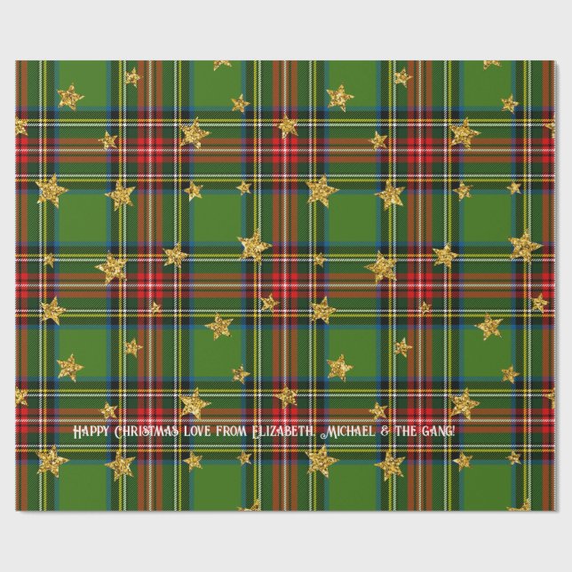 Papier Cadeau Green Tartan Gold Star Noël personnalisé (Plat)
